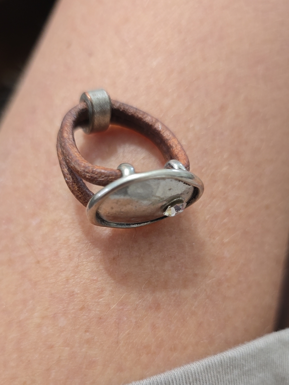 Brown Leather and Silver Accent Ring with Crystal